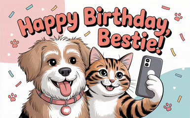 Happy birthday bestie cute dog and cat celebrating with smartphone for greeting card design