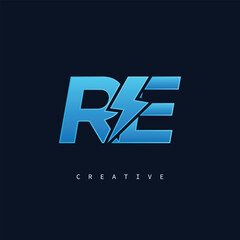 Fototapeta premium RE Thunderbolt Monogram – Futuristic Electric Logo with Bold Blue Energy Strike