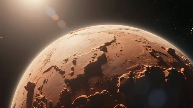 A stylized 3d Mars slowly rotates on its axis, illuminated by soft cinematic lighting, revealing detailed red desert landscapes and craters against a dark space background, showcasing smooth planet ro