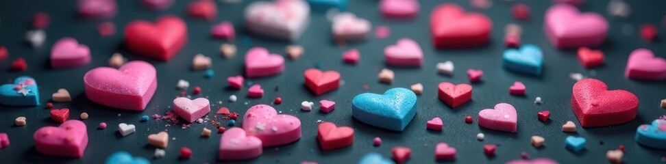Assorted colored heart sprinkles scattered on dark background, dessert topping, high resolution
