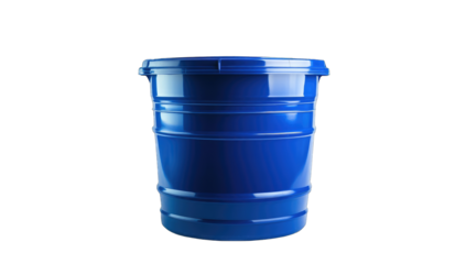 A shiny, cobalt-blue plastic container with a snap-on lid, cylindrical in shape and featuring subtle horizontal ridges
