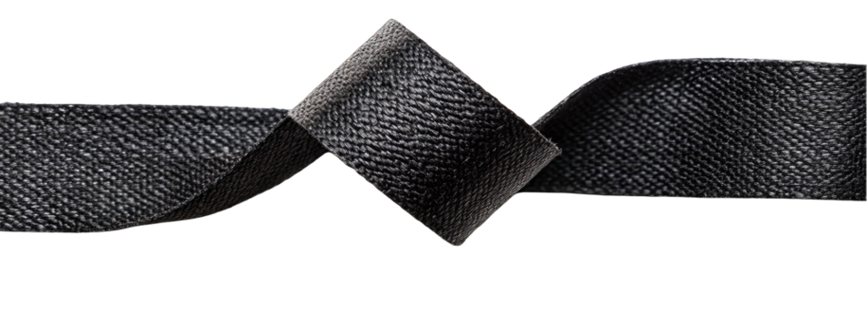 Dark grey fabric ribbon, folded into a diamond shape at the center, against a black background - Powered by Adobe