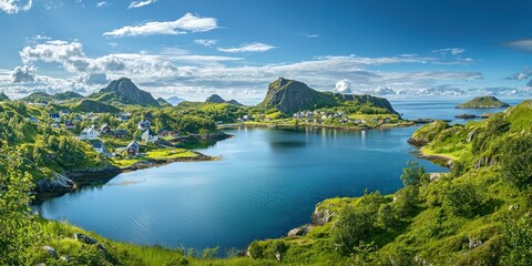 A picturesque Norwegian village nestled between lush green hills and deep blue waters