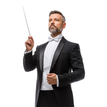 Elegant orchestra conductor with baton, isolated on white background