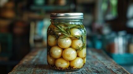 Preserved, round, pale yellow vegetables in a glass jar with herbs