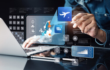 Air freight cargo shipping management concepts with person using interface data tracking,Express logistic,business network system