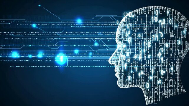 Digital human head with binary code.