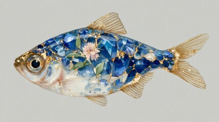 Watercolor Smelt Fish Illustration  Blue Gemstone  Gold  Floral Design