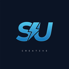 SU Thunderbolt Monogram – Futuristic Electric Logo with Bold Blue Energy Strike