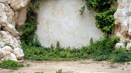 Naklejka premium A light beige, textured wall, framed by rough, off-white rocks and lush greenery The earthy floor surrounds the space