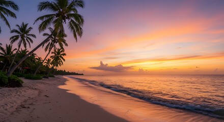 Beautiful sunset on a tropical beach with palm trees.	