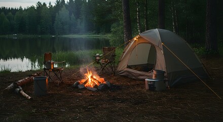 A serene lakeside camping scene with a tent, campfire, and forest backdrop, depicting summer adventure and recreation.	