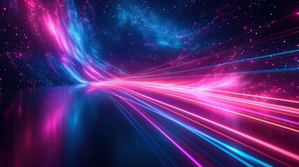 Dynamic neon light trails create a vibrant and abstract illustration against a star-filled sky.