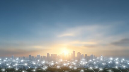 Fototapeta premium Smart City Skyline Sunrise Network Technology Connectivity Global Communication