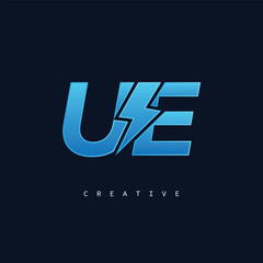 UE Thunderbolt Monogram – Futuristic Electric Logo with Bold Blue Energy Strike