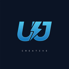 UJ Thunderbolt Monogram – Futuristic Electric Logo with Bold Blue Energy Strike