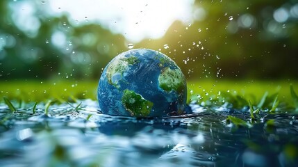 The earth globe emerging from the water amidst raindrops and green grass, a beautiful sight.