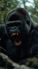 A powerful gorilla with an angry, open mouth, showcasing sharp teeth  Dark fur, intense gaze, and a menacing posture amidst a natural setting