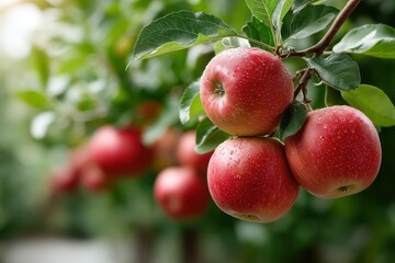 Close-up of ripe red apples with water droplets hanging from a branch in a sunny orchard