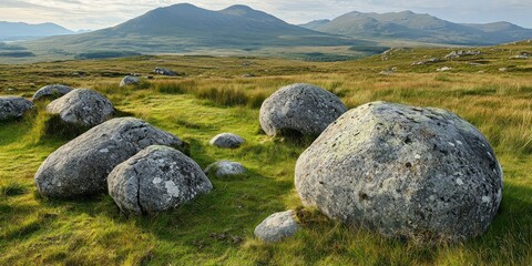 A remote highland plateau with massive boulders scattered across rolling hills