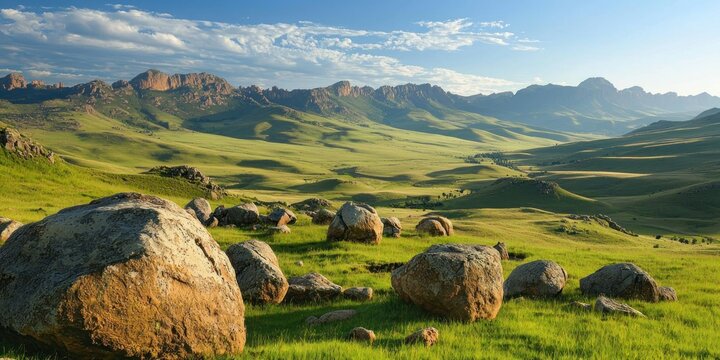 A remote highland plateau with massive boulders scattered across rolling hills - Powered by Adobe
