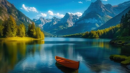 Obraz premium A stunning view of a mountain lake with a boat, trees, and majestic mountains.