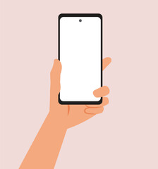 Vector Hand Holding a Blank Space Smartphone Vector Illustration. Person holding a technological device with a mock-up  screen