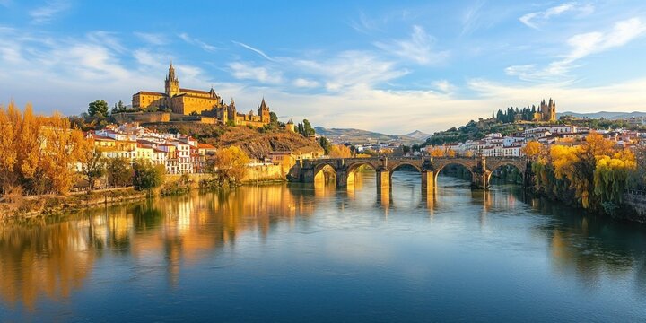 A riverside cityscape featuring historic cathedrals, castles, and old stone bridges - Powered by Adobe