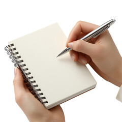 Hand writing in spiral notebook with metal pen, isolated on white background