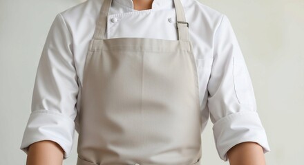 Professional chef or cook, dressed in a clean white jacket and light-colored apron.
