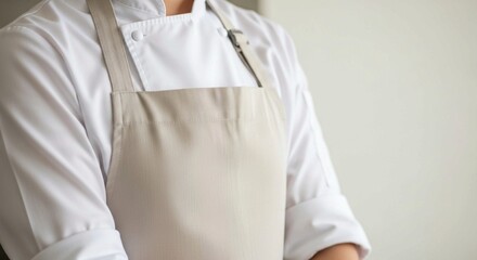Unidentifiable person wearing a classic chef's uniform, including a white coat and apron.
