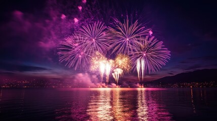 Fototapeta premium A dazzling fireworks display exploding over a calm lake at night.