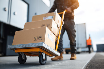 Truck driver unloading boxes with hand truck at loading dock symbolizing delivery logistics and supply chain