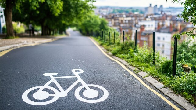 Cycle lane uphill with painted bicycle symbol in urban environment foliage city view