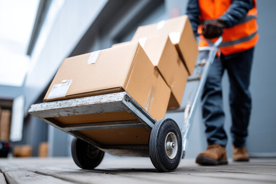 Truck driver unloading boxes with hand truck at loading dock symbolizing delivery logistics and supply chain