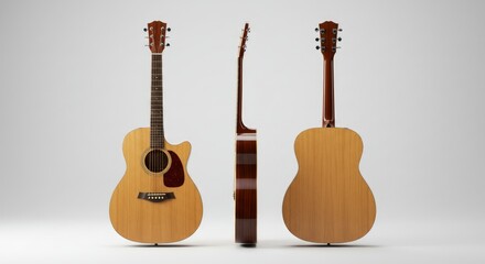Naklejka premium Acoustic Guitar: A Detailed Studio Shot showcasing Natural Wood Grain