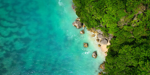 aerial view by drone,of balinese white sand beach in bali -indonesia
