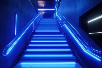 A dramatic, dark interior where a vibrant blue neon-lit staircase commands attention, exuding a futuristic, high-tech aesthetic.
