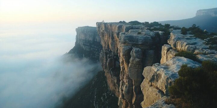 A rugged mountaintop with sheer cliffs dropping into a misty canyon below