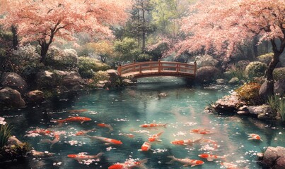tranquil painting of a Japanese garden with a koi pond, cherry blossoms, and a wooden bridge, Generative AI