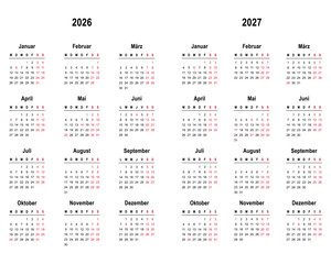 Simple austrian calendar 2026, 2027 on german language with public holidays the country of Austria, week start on Monday. Vector graphics