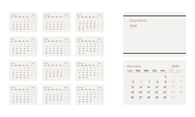 2026 calendar minimalist on Italian language with italian holidays. Week start on Monday.	