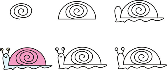 Step by step tutorial to draw a cute pink snail in simple cartoon style, ideal for kids&rsquo; learning, art worksheets, and preschool activities