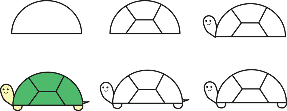 Step by step guide to draw a cute turtle for kids in simple cartoon style, perfect for educational art projects