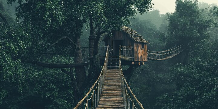 A rustic wooden treehouse with a rope bridge connecting it to another tree - Powered by Adobe