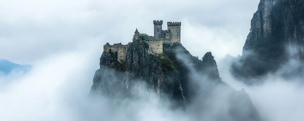 Fototapeta premium Ancient castle fortress emerges majestically from swirling clouds.