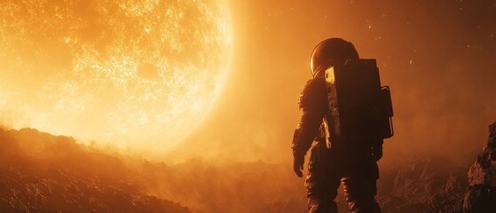 Fototapeta premium dramatic space scene where a lone astronaut floats near a glowing nebula and a distant planet looms in the background, Generative AI