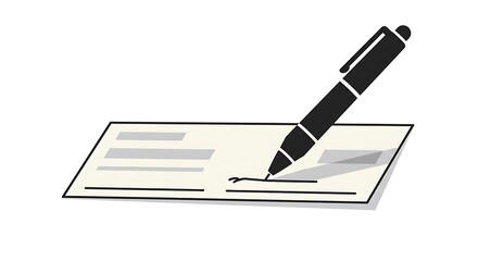 Pen signing financial check for payment transaction on white background