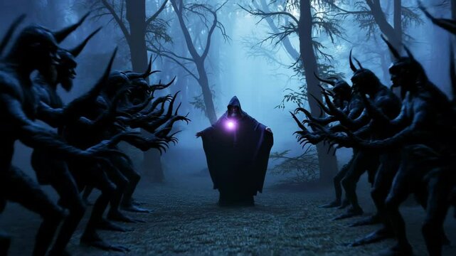 Hooded Sorcerer Facing Demons in an Enchanted Forest