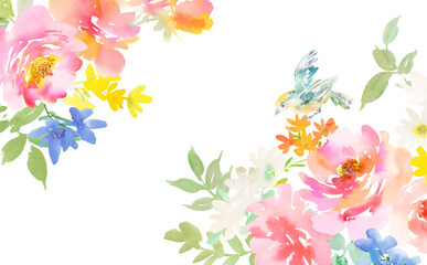 Vector frame illustration of abstract pink peonies , roses, little bird and wild flowers painted in watercolor. hand painted floral background for spring and summer.